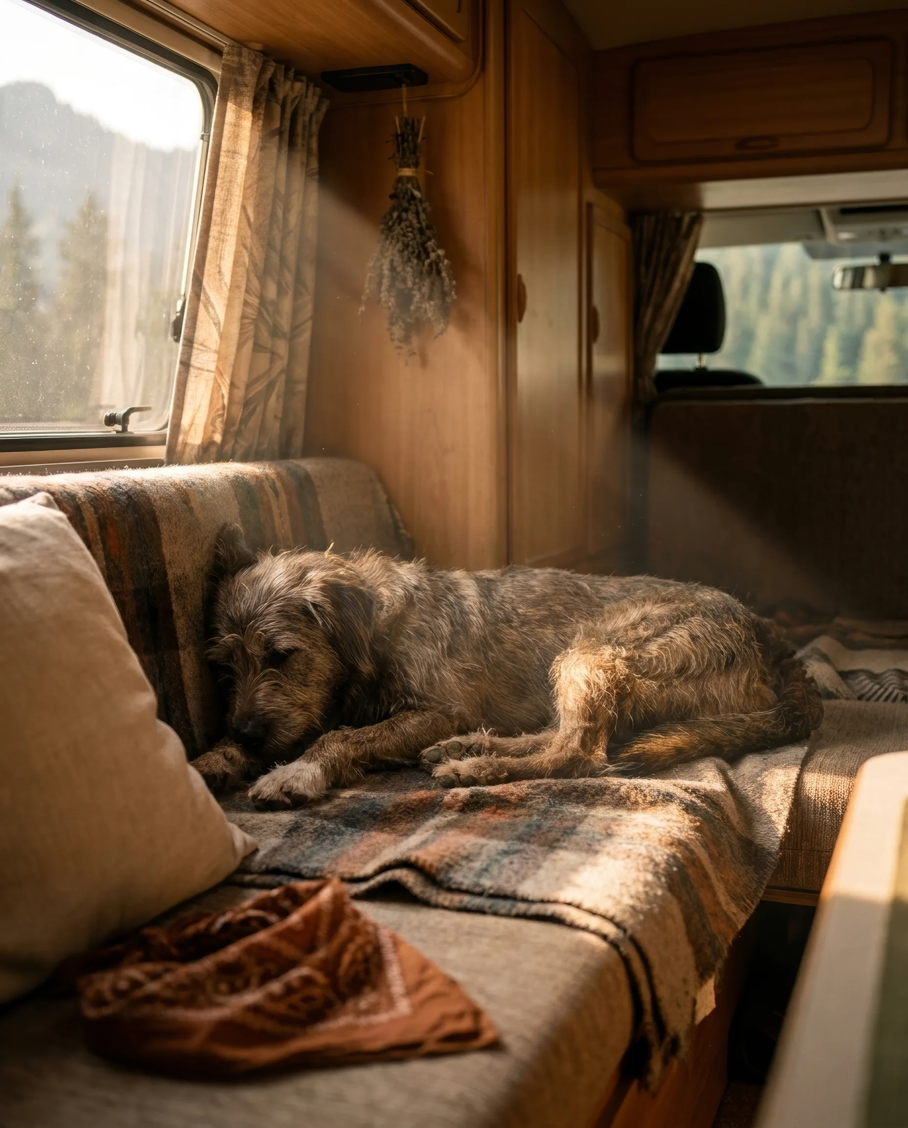 Chien endormi dans un van baigné de lumière chaude d'après-midi